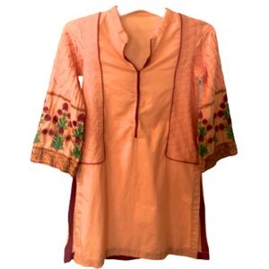 CHILDRENS ORANGE TUNIC OR KURTA • EMBROIDERED SLEEVES • HANDMADE • NO SIZE TAG